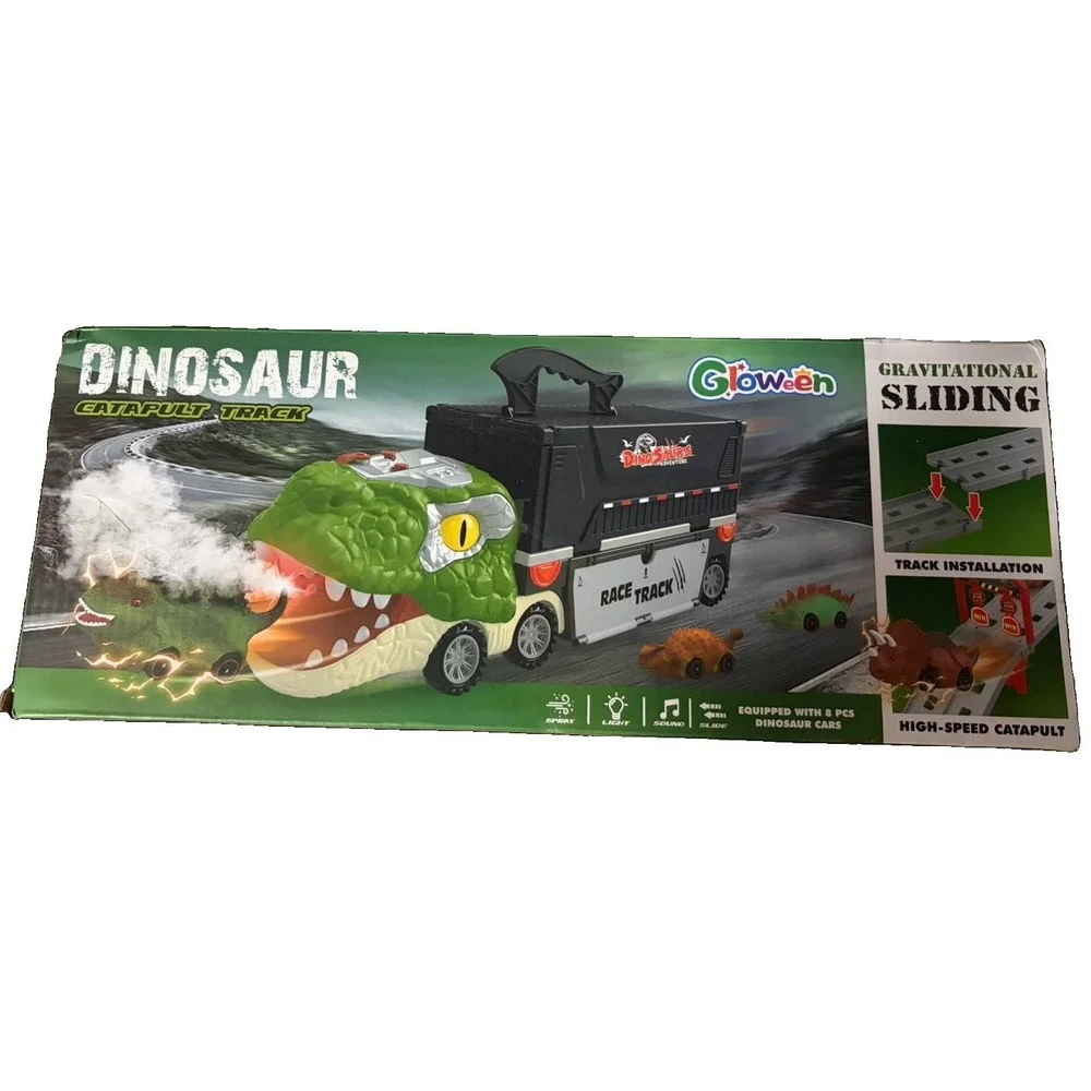 Gloween Dinosaur Truck Catapult Track 2 in 1 Race Track 8 Dino Cars Light Sound